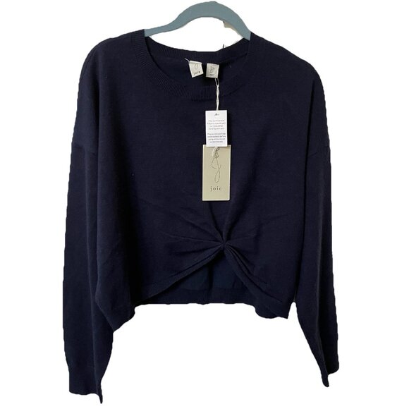 NWT Joie Cropped Sweater Womens L Knot Front Navy Blue Soft Knit Neutral - Picture 1 of 8